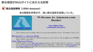 表示速度がWebサイトにあたえる影響
19
表示速度戦略（1994 Amazon）
本の画像を利用せず、速い表示速度を意識していた。
 