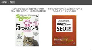 執筆・査読
4
ABOUTME
Software Design 2018年6月号特集
CDN［超］活用ガイド高速配信の舞台裏
「現場のプロから学ぶ SEO技術バイブル」
Web高速化セクション査読
 