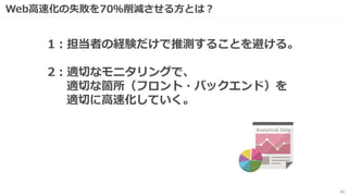 Web高速化の失敗を70％削減させる方とは？
41
1：担当者の経験だけで推測することを避ける。
2：適切なモニタリングで、
適切な箇所（フロント・バックエンド）を
適切に高速化していく。
 