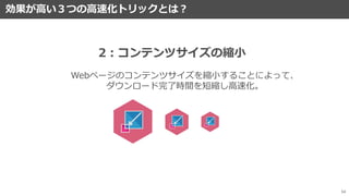 効果が高い３つの高速化トリックとは？
54
Webページのコンテンツサイズを縮小することによって、
ダウンロード完了時間を短縮し高速化。
2：コンテンツサイズの縮小
 