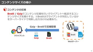 コンテンツサイズの縮小
56
Brotli / Gzipでコンテンツ圧縮を行いクライアントへ転送するコン
テンツサイズを縮小する。※Brotliはクライアントが対応しているか
をサーバーサイドで判断し出力分けの必要あり。
コンテンツの圧縮
Gzip・Brotliで圧縮配信
Gzip Brotli
クライアント
Webサーバー
 