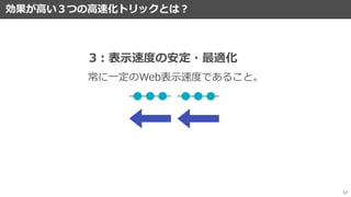 効果が高い３つの高速化トリックとは？
57
常に一定のWeb表示速度であること。
3：表示速度の安定・最適化
 