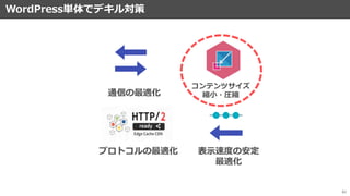 WordPress単体でデキル対策
61
通信の最適化
プロトコルの最適化
コンテンツサイズ
縮小・圧縮
表示速度の安定
最適化
 