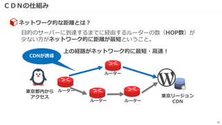 ＣＤＮの仕組み
65
ネットワーク的な距離とは？
目的のサーバーに到達するまでに経由するルーターの数（HOP数）が
少ない方がネットワーク的に距離が最短ということ。
東京リージョン
CDN
東京都内から
アクセス
CDNが誘導
上の経路がネットワーク的に最短・高速！
ルーター
ルーター
ルーター ルーター
 