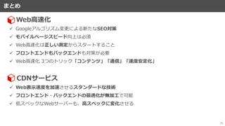 まとめ
73
まとめ
Web高速化
✓ Googleアルゴリズム変更による新たなSEO対策
✓ モバイルページスピード向上は必須
✓ Web高速化は正しい測定からスタートすること
✓ フロントエンドもバックエンドも対策が必要
✓ Web高速化 3つのトリック「コンテンツ」「通信」「速度安定化」
✓ Web表示速度を加速させるスタンダードな技術
✓ フロントエンド・バックエンドの最適化が無加工で可能
✓ 低スペックなWebサーバーも、高スペックに変化させる
CDNサービス
 