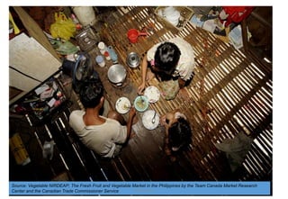 Hungry
Source: Vegetable NIRDEAP; The Fresh Fruit and Vegetable Market in the Philippines by the Team Canada Market Research
Center and the Canadian Trade Commissioner Service JMUBanayag
 