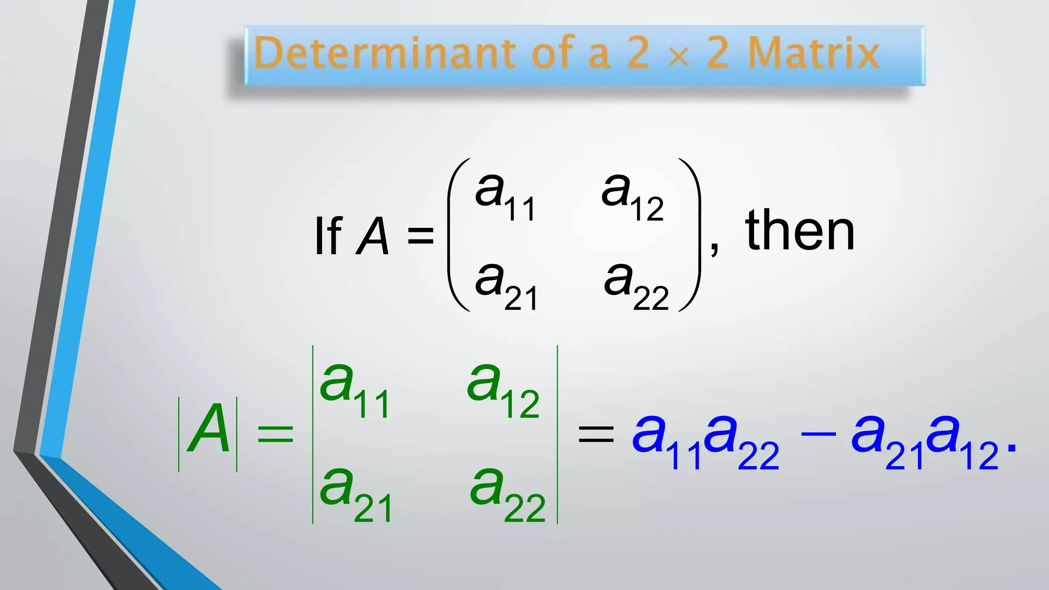 If A =
 
 
 
11 12
21 22
, then
a a
a a
 11 12
21
11 22 2 12
22
1 .a a aA
a
a
a a
a
 
