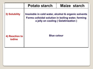 Maize starchPotato starch
Insoluble in cold water, alcohol & organic solvents
Forms colloidal solution in boiling water, forming
a jelly on cooling ( Gelatinization )
Blue colour
3) Solubility
4) Reaction to
iodine
 