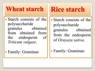 Wheat starch
 Starch consists of the
polysaccharide
granules obtained
from obtained from
the endosperm of
Triticum vulgare.
 Family: Graminae
Rice starch
 Starch consists of the
polysaccharide
granules obtained
from the endosperm
of Orayaza sativa.
 Family: Graminae
 