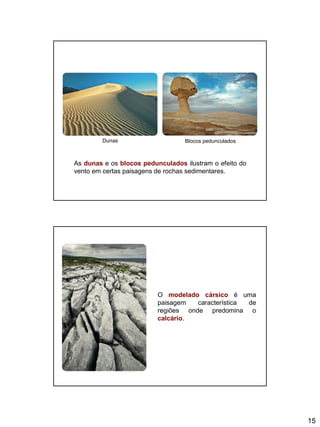 15
As dunas e os blocos pedunculados ilustram o efeito do
vento em certas paisagens de rochas sedimentares.
Dunas Blocos pedunculados
O modelado cársico é uma
paisagem característica de
regiões onde predomina o
calcário.
 