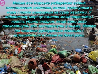 Майже все морське ужбережжя всіянеМайже все морське ужбережжя всіяне
пластиковим сміттям, колись викинутим впластиковим сміттям, колись викинутим в
море і потім винесеним на сушу хвилями. Уморе і потім винесеним на сушу хвилями. У
відкритому морі це сміття може поранити івідкритому морі це сміття може поранити і
навіть убити тварин, якщо вони йогонавіть убити тварин, якщо вони його
проковтнуть або застрягнуть у ньому. Металпроковтнуть або застрягнуть у ньому. Метал
та пластик руйнуються повільно іта пластик руйнуються повільно і
залишаються в океані на довгі роки.залишаються в океані на довгі роки.
 