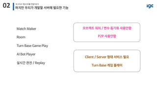 02 유니티로 게임서버를 만들어보자
하지만 우리가 개발할 서버에 필요한 기능
Match Maker
Room
Turn Base Game Play
AI Bot Player
실시간 관전 / Replay
오브젝트 위치 / 변수 동기화 사용안함
P2P 사용안함
Client / Server 형태 서비스 필요
Turn Base 게임 플레이
 
