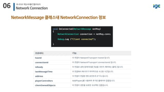 06 유니티로 게임서버를 만들어보자
Network Connection
NetworkMessage 클래스내 NetworkConnection 정보
 