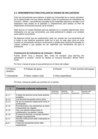 2.3. HERRAMIENTAS PARA EVALUAR SU GRADO DE INCLUSIVIDAD
Entre las herramientas para elaborar el grado de inclusividad de un centro educativo,
se ha seleccionado una que parece sencilla y clara: el cuestionario de indicadores de
Inclusión – Bristol – que podemos consultar en los materiales adjuntos y acceder a una
explicación más amplia en el apartado 3. Orientaciones para realizar un Plan de
Implantación de Escuela Inclusiva, de la Unidad 2.
Dado que es un modelo diseñado para ser aplicado en un contexto determinado, sería
interesante a la vez que conveniente, que cada profesional lo adapte a su contexto
como estime conveniente.
No debemos olvidar que los cuestionarios, tests, etc, pueden ser una herramienta útil
si miden lo que nosotros queremos medir por lo que, en este caso como en otros
muchos, es conveniente introducir correcciones y ajustes para hacerlos funcionales en
nuestro contexto y que puedan así ser realmente una herramienta útil para el
profesional.
Cuestionario de indicadores de inclusión – Bristol
Fuente: Booth, Tony y Ainscow, Mel, “index for inclusión: ping learning and
participation in schools”, Centre for Studies on Inclusive Education, Bristol, Reino
Unido
Por favor, marque el grupo al que pertenece en el marco del colegio:
Por favor, marque la casilla que coincida con su opinión:
Dimensión
A Creando culturas inclusivas
Totalmente
de acuerdo
Bastante
de acuerdo
En
desacuerdo
Necesito más
información
A.1.1 A todos los alumnos se les hace sentirse
acogidos
A.1.2 Los alumnos se ayudan unos a otros
A.1.3 Se da una estrecha colaboración entre el
profesorado
A.1.4 El profesorado y los estudiantes se tratan
mutuamente con respeto
A.1.5 Hay una relación asidua entre el
profesorado y los padres / tutores
A.1.6 El personal docente y el equipo directivo
trabajan conjuntamente
A.1.7 Muchas instituciones están implicadas en
el colegio
A.2.1 Todos los estudiantes tienen altas
expectativas
X Profesor X Profesor de apoyo X Director X Otro miembro del equipo
directivo
X Estudiante X Padre, madre o tutor X Otros (especificar)
 