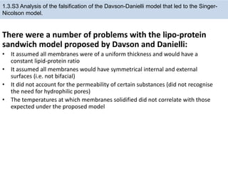 There were a number of problems with the lipo-protein
sandwich model proposed by Davson and Danielli:
• It assumed all membranes were of a uniform thickness and would have a
constant lipid-protein ratio
• It assumed all membranes would have symmetrical internal and external
surfaces (i.e. not bifacial)
• It did not account for the permeability of certain substances (did not recognise
the need for hydrophilic pores)
• The temperatures at which membranes solidified did not correlate with those
expected under the proposed model
1.3.S3 Analysis of the falsification of the Davson-Danielli model that led to the Singer-
Nicolson model.
 
