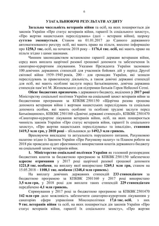 6
УЗАГАЛЬНЮЮЧІ РЕЗУЛЬТАТИ АУДИТУ
Загальна чисельність ветеранів війни та осіб, на яких поширюється дія
законів України «Про статус ветеранів війни, гарантії їх соціального захисту»,
«Про жертви нацистських переслідувань» (далі – ветерани війни), щороку
суттєво зменшується. Станом на 01.01.2017 до Єдиного державного
автоматизованого реєстру осіб, які мають право на пільги, внесено інформацію
про 1258,3 тис. осіб, на початок 2018 року – 1176,4 тис. осіб, які мають право на
пільги згідно з цими законами.
Чинним законодавством встановлено гарантії держави ветеранам війни,
серед яких виплата щорічної разової грошової допомоги та забезпечення їх
санаторно-курортним лікуванням. Указами Президента України засновано
100 довічних державних стипендій для учасників бойових дій у період Другої
світової війни 1939–1945 років, 200 – для громадян України, які зазнали
переслідувань за правозахисну діяльність, а також довічні державні стипендії
для осіб, які мають особливі заслуги перед Батьківщиною, довічна державна
стипендія пам’яті М. Жизневського для підтримки батьків Героя Небесної Сотні.
Обсяг бюджетних призначень з державного бюджету, виділених у 2017 році
Міністерству соціальної політики України на соціальний захист ветеранів війни за
бюджетними програмами за КПКВК 2501150 «Щорічна разова грошова
допомога ветеранам війни і жертвам нацистських переслідувань та соціальна
допомога особам, які мають особливі та особливі трудові заслуги перед
Батьківщиною», КПКВК 2501160 «Довічні державні стипендії», КПКВК 2501470
«Санаторно-курортне лікування ветеранів війни, осіб, на яких поширюється
чинність законів України «Про статус ветеранів війни, гарантії їх соціального
захисту», «Про жертви нацистських переслідувань» та інвалідів», становив
1419,3 млн грн, у 2018 році – збільшився до 1492,3 млн гривень.
Враховуючи викладене та актуальність порушеного питання, Рахунковою
палатою згідно із Законом України «Про Рахункову палату» та Планом роботи на
2018 рік проведено аудит ефективності використання коштів державного бюджету
на соціальний захист ветеранів війни.
1. Міністерство соціальної політики України як головний розпорядник
бюджетних коштів за бюджетною програмою за КПКВК 2501150 забезпечило
адресне отримання у 2017 році щорічної разової грошової допомоги
1221,8 тис. особами, на виплату якої використано 1269,1 млн грн, станом на
15.05.2018 – 1108,1 тис. особами (1248,4 млн гривень).
На виплату довічних державних стипендій 233 стипендіатам за
бюджетною програмою за КПКВК 2501160 у 2017 році використано
3,5 млн грн, у 2018 році для виплати таких стипендій 229 стипендіатам
передбачено 4,1 млн гривень.
Спрямування у 2017 році за бюджетною програмою за КПКВК 2501470
142 млн грн дало можливість забезпечити санаторно-курортним лікуванням у
санаторіях сфери управління Мінсоцполітики 17,6 тис. осіб, з них
9 тис. ветеранів війни та осіб, на яких поширюється дія законів України «Про
статус ветеранів війни, гарантії їх соціального захисту», «Про жертви
 