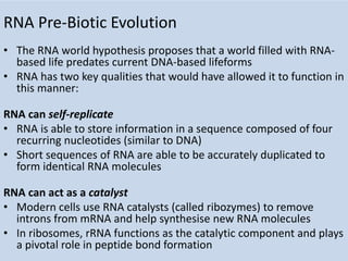 RNA Pre-Biotic Evolution
• The RNA world hypothesis proposes that a world filled with RNA-
based life predates current DNA-based lifeforms
• RNA has two key qualities that would have allowed it to function in
this manner:
RNA can self-replicate
• RNA is able to store information in a sequence composed of four
recurring nucleotides (similar to DNA)
• Short sequences of RNA are able to be accurately duplicated to
form identical RNA molecules
RNA can act as a catalyst
• Modern cells use RNA catalysts (called ribozymes) to remove
introns from mRNA and help synthesise new RNA molecules
• In ribosomes, rRNA functions as the catalytic component and plays
a pivotal role in peptide bond formation
 