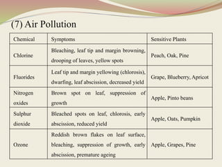 (7) Air Pollution
Chemical Symptoms Sensitive Plants
Chlorine
Bleaching, leaf tip and margin browning,
drooping of leaves, yellow spots
Peach, Oak, Pine
Fluorides
Leaf tip and margin yellowing (chlorosis),
dwarfing, leaf abscission, decreased yield
Grape, Blueberry, Apricot
Nitrogen
oxides
Brown spot on leaf, suppression of
growth
Apple, Pinto beans
Sulphur
dioxide
Bleached spots on leaf, chlorosis, early
abscission, reduced yield
Apple, Oats, Pumpkin
Ozone
Reddish brown flakes on leaf surface,
bleaching, suppression of growth, early
abscission, premature ageing
Apple, Grapes, Pine
 