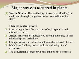 Major stresses occurred in plants
(1) Water Stress: The availability of excessive (flooding) or
inadequate (drought) supply of water is called the water
stress
Changes in plant growth
 Loss of turgor that affects the rate of cell expansion and
ultimate cell size.
 Affects translocation indirectly by altering the source to sink
relationships for assimilates.
 Changes in structure of macromolecules by removal of water
 Inhibition of cell expansion results in a slowing of leaf
expansion.
 The dehydration of mesophyll cells inhibits photosynthesis
 