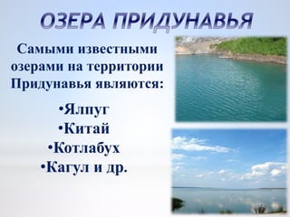 Самыми известными
озерами на территории
Придунавья являются:
•Ялпуг
•Китай
•Котлабух
•Кагул и др.
 