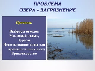 Причины:
Выбросы отходов
Массовый отдых,
Туризм
Использование воды для
промышленных нужд
Браконьерство
 