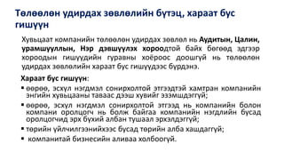 Төлөөлөн удирдах зөвлөлийн бүтэц, хараат бус
гишүүн
Хараат бус гишүүн:
 өөрөө, эсхүл нэгдмэл сонирхолтой этгээдтэй хамтран компанийн
энгийн хувьцааны таваас дээш хувийг эзэмшдэггүй;
 өөрөө, эсхүл нэгдмэл сонирхолтой этгээд нь компанийн болон
компани оролцогч нь болж байгаа компанийн нэгдлийн бусад
оролцогчид эрх бүхий албан тушаал эрхэлдэггүй;
 төрийн үйлчилгээнийхээс бусад төрийн алба хашдаггүй;
 компанитай бизнесийн аливаа холбоогүй.
Хувьцаат компанийн төлөөлөн удирдах зөвлөл нь Аудитын, Цалин,
урамшууллын, Нэр дэвшүүлэх хороодтой байх бөгөөд эдгээр
хороодын гишүүдийн гуравны хоёроос доошгүй нь төлөөлөн
удирдах зөвлөлийн хараат бус гишүүдээс бүрдэнэ.
 