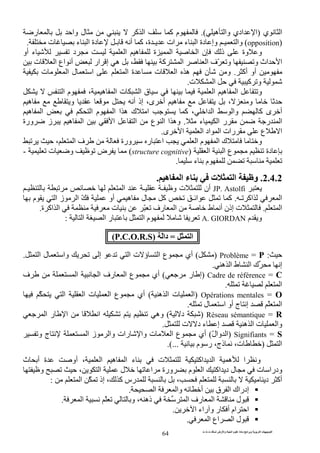 ‫ت‬ ‫ث‬ ‫ت‬ ‫رض‬ ‫وا‬ ‫ة‬ ‫ا‬ ‫م‬ ‫دة‬ ‫ا‬ ‫و‬ ‫ا‬ ‫ت‬ ‫ا‬
64
‫ي‬ ‫ا‬)‫ه‬ ‫وا‬ ‫ادي‬ ‫ا‬.(‫ر‬ ‫وا‬ ‫ل‬ ‫آ‬ ‫ا‬ ‫آ‬ ‫م‬
)opposition(‫ء‬ ‫ا‬ ‫دة‬ ‫ـ‬ ‫أ‬ ‫آ‬ ،‫ة‬ ‫ـ‬ ‫ات‬ ‫ء‬ ‫ا‬ ‫دة‬ ‫وإ‬ ‫ـ‬ ‫وا‬‫ت‬.
‫أو‬ ‫ء‬ ‫د‬ ‫ا‬ ‫ه‬ ‫ة‬ ‫ا‬ ‫ا‬ ‫ن‬ ‫ذ‬ ‫وة‬ ‫و‬
‫و‬ ‫و‬ ‫اث‬ ‫ا‬‫ت‬ ‫ا‬ ‫اع‬ ‫أ‬ ‫ار‬ ‫إ‬ ‫ه‬ ، ‫آ‬ ‫ا‬ ‫ا‬ ‫ّف‬
‫أآ‬ ‫أو‬.‫ت‬ ‫ا‬ ‫ل‬ ‫ا‬ ‫ا‬ ‫ة‬ ‫ت‬ ‫ا‬ ‫ه‬ ‫ن‬ ‫و‬
‫ت‬ ‫ا‬ ‫آ‬ ‫و‬.
، ‫ه‬ ‫ا‬ ‫ت‬ ‫ا‬ ‫ق‬ ‫ا‬ ‫ه‬ ‫ا‬ ‫و‬‫ا‬ ‫م‬
‫ه‬ ‫و‬ ‫أ‬ ‫إذ‬ ،‫ى‬ ‫أ‬ ‫ه‬ ، ‫و‬
‫ه‬ ‫ا‬ ‫ا‬ ‫م‬ ‫ا‬ ‫ا‬ ‫ه‬ ‫ك‬ ‫ا‬ ‫آ‬ ، ‫ا‬ ‫ا‬ ‫وا‬ ‫آ‬ ‫ى‬ ‫أ‬
‫ء‬ ‫ا‬ ‫ر‬ ‫ر‬ ‫ا‬.‫ا‬ ‫ا‬ ‫ا‬ ‫ع‬ ‫ا‬ ‫ا‬ ‫وه‬‫ورة‬ ‫ز‬ ‫ه‬
‫ى‬ ‫ا‬ ‫ا‬ ‫اد‬ ‫ا‬ ‫رات‬ ‫ع‬ ‫ا‬.
، ‫ا‬ ‫ف‬ ‫ورة‬ ‫ر‬ ‫ا‬ ‫ا‬ ‫م‬ ‫ا‬ ‫ك‬ ‫و‬
‫ا‬ ‫ا‬ ‫ع‬ ‫دة‬)structure cognitive(‫ت‬ ‫و‬ ‫ض‬-
‫م‬‫ء‬.
2.4.2.‫ت‬ ‫ا‬ ‫و‬‫ه‬ ‫ا‬ ‫ء‬.
JP. Astolfi‫ـ‬ ‫ا‬ ‫ـ‬ ‫ـ‬ ‫و‬ ‫ت‬ ‫أن‬
‫ـ‬ ‫اآ‬ ‫ا‬.‫م‬ ‫ا‬ ‫ز‬ ‫ا‬ ّ ‫أو‬ ‫ه‬ ‫ل‬ ‫آ‬ ‫ـ‬ ‫ا‬ ‫آ‬
‫ا‬.‫ط‬ ‫أ‬ ‫إذن‬ ‫ت‬‫ة‬ ‫اآ‬ ‫ا‬ ‫ت‬ ّ ‫رف‬ ‫ا‬.
‫م‬ ‫و‬A. GIORDAN‫ا‬ ‫ا‬ ‫ر‬ ‫ا‬ ‫م‬:
‫ا‬=ّ‫دا‬)P.C.O.R.S(
:P=Problème)(‫ا‬ ‫ل‬ ‫وا‬ ‫إ‬ ‫ا‬ ‫ت‬ ‫ؤ‬ ‫ا‬ ‫ع‬ ‫أي‬.
‫ه‬ ‫ا‬ ‫ط‬ ‫ا‬ ‫ك‬ ‫إ‬.
C=Cadre de référence)‫ر‬ ‫إ‬(‫ف‬ ‫ا‬ ‫ا‬ ‫رف‬ ‫ا‬ ‫ع‬ ‫أي‬
‫ا‬.
O=Opérations mentales)‫ه‬ ‫ا‬ ‫ت‬ ‫ا‬(ّ ‫ا‬ ‫ا‬ ‫ت‬ ‫ا‬ ‫ع‬ ‫أي‬
‫ل‬ ‫ا‬ ‫أو‬ ‫ج‬ ‫إ‬ ّ ‫ا‬.
R=Réseau sémantique)‫د‬(‫ا‬ ‫ر‬ ‫ا‬ ‫ا‬ ‫وه‬
‫ت‬ ‫د‬ ‫ء‬ ‫إ‬ ‫ه‬ ‫ا‬ ‫ت‬ ‫وا‬.
S=Signifiants)ّ‫ل‬‫وا‬ ‫ا‬(‫و‬ ‫ج‬ ‫ا‬ ‫ز‬ ‫وا‬ ‫رات‬ ‫وا‬ ‫ت‬ ‫ا‬ ‫ع‬ ‫أي‬
‫ا‬)‫م‬ ‫ر‬ ،‫ذج‬ ،‫ت‬.(...
‫اآ‬ ‫ا‬ ‫ه‬ ‫ا‬ ‫و‬‫ث‬ ‫أ‬ ‫ة‬ ‫أو‬ ، ‫ا‬ ‫ه‬ ‫ا‬ ‫ء‬ ‫ت‬
‫و‬ ، ‫ا‬ ‫ل‬ ‫ا‬ ‫ورة‬ ‫م‬ ‫ا‬ ‫اآ‬ ‫د‬ ‫ل‬ ‫ت‬ ‫ودرا‬
‫ا‬ ّ ‫إذ‬ ، ‫آ‬ ‫رس‬ ، ‫د‬ ‫أآ‬:
‫ا‬ ‫وا‬ ‫أ‬ ‫ق‬ ‫ا‬ ‫إدراك‬.
‫ا‬ ّ ‫و‬ ، ‫ذه‬ ‫ا‬ ‫رف‬ ‫ا‬ ‫ل‬.
‫ا‬ ‫راء‬ ‫و‬ ‫ر‬ ‫أ‬ ‫ام‬ ‫ا‬.
‫ا‬ ‫اع‬ ‫ا‬ ‫ل‬.
 