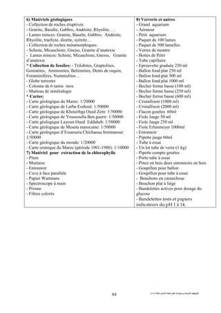 ‫ا‬ ‫ت‬ ‫ا‬‫ت‬ ‫ث‬ ‫ت‬ ‫رض‬ ‫وا‬ ‫ة‬ ‫ا‬ ‫م‬ ‫دة‬ ‫ا‬ ‫و‬
84
6) Matériels géologiques
- Collection de roches éruptives:
- Granite, Basalte, Gabbro, Andésite, Rhyolite, …
- Lames minces: Granite, Basalte, Gabbro, Andésite,
Rhyolite, trachyte, diorite, syénite…
- Collection de roches métamorphiques:
- Schiste, Micaschiste, Gneiss, Granite d’anatexie
- Lames minces: Schiste, Micaschiste, Gneiss, Granite
d’anatexie
* Collection de fossiles: - Trilobites, Graptolites,
Goniatites, Ammonites, Belimnites, Dents de requin,
Foraminifères, Nummulites…
- Globe terrestre
- Colonne de 6 tamis inox
- Marteau de minéralogie
* Cartes:
- Carte géologique du Maroc: 1/20000
- Carte géologique de Larba Esshoul: 1/50000
- Carte géologique de Khouribga Oued Zem: 1/50000
- Carte géologique de Youssoufia Ben guerir: 1/50000
- Carte géologique Layoun Oued Eddaheb: 1/50000
- Carte géologique de Meseta marocaine: 1/50000
- Carte géologique d’Essaouira Chichaoua Imintanout:
1/50000
- Carte géologique du monde: 1/20000
- Carte sismique du Maroc (période 1901-1988): 1/10000
7) Matériel pour extraction de la chlorophylle
- Piton
- Mortaise
- Entonnoir
- Cuve à face parallèle
- Papier Wattmans
- Spectroscope à main
- Prisme
- Filtres colorés
8) Verrerie et autres
- Grand aquarium
- Aérateur
- Petit aquarium
- Paquet de 100 lames
- Paquet de 500 lamelles
- Verres de montre
- Boites de Pétri
- Tube capillaire
- Eprouvette graduée 250 ml
- Ballon fond plat 250 ml
- Ballon fond plat 500 ml
- Ballon fond plat 1000 ml
- Becher forme basse (100 ml)
- Becher forme basse (250 ml)
- Becher forme basse (600 ml)
- Cristallisoir (1000 ml)
- Cristallisoir (2000 ml)
- Flacon gouttes 60ml
- Fiole Jauge 50 ml
- Fiole Jauge 250 ml
- Fiole Erlenmeyer 1000ml
- Entonnoir
- Pipette jauge 60ml
- Tube à essai
- Un lot tube de verre (1 kg)
- Pipette compte gouttes
- Porte tube à essai
- Pince en bois deux entonnoirs en bois
- Goupillon pour ballon
- Goupillon pour tube à essai
- Bouchons en caoutchouc
- Bouchon plat à liège
- Bandelettes actives pour dosage du
glucose
- Bandelettes tests et papiers
indicateurs du pH 1 à 14.
 