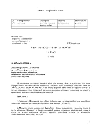 Форма матеріальної книги
№
пп
Назва реактиву,
матеріалу
Специфіка
реактиву (чистота
концентрація)
Одиниці
вимірювання
Наявність за
роками
Перший заст.
директора Департаменту
загальної середньої та
дошкільної освіти Я.П.Корнієнко
МІНІСТЕРСТВО ОСВІТИ І НАУКИ УКРАЇНИ
Н А К А З
м. Київ
№ 407 від 20.05.2004 р.
Про затвердження Положення
про кабінет інформатики та
інформаційно-комунікаційних
технологій навчання загальноосвітніх
навчальних закладів
На виконання постанови Кабінету Міністрів України „Про затвердження Програми
інформатизації загальноосвітніх навчальних закладів, комп’ютеризації сільських шкіл на
2001-2003 роки” від 06.05.2001 № 436 та Закону України „Про загальну середню освіту” з
метою підвищення рівня організації навчально-виховного процесу і оснащення навчального
середовища загальноосвітніх навчальних закладів
НАКАЗУЮ:
1. Затвердити Положення про кабінет інформатики та інформаційно-комунікаційних
технологій навчання загальноосвітніх навчальних закладів (додається).
2. Міністру освіти Автономної Республіки Крим, начальникам управлінь освіти і
науки обласних, Київської та Севастопольської міських державних адміністрацій довести
наказ до відома керівників місцевих органів управління освітою та керівників
загальноосвітніх навчальних закладів.
11
 
