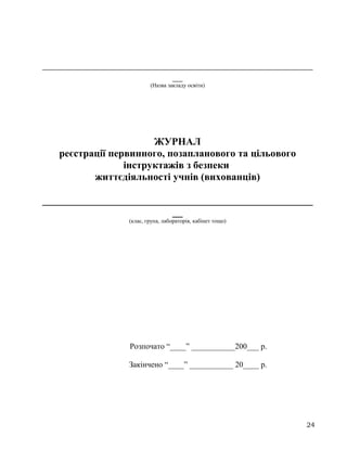 _____________________________________________________
__
(Назва закладу освіти)
ЖУРНАЛ
реєстрації первинного, позапланового та цільового
інструктажів з безпеки
життєдіяльності учнів (вихованців)
_____________________________________________________
__
(клас, група, лабораторія, кабінет тощо)
Розпочато “____” ___________200___ р.
Закінчено “____” ___________ 20____ р.
24
 