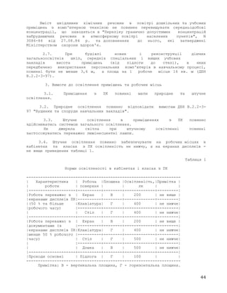 Вміст шкідливих хімічних речовин в повітрі дошкільних та учбових
приміщень з комп'ютерною технікою не повинен перевищувати середньодобові
концентрації, що наводяться в "Переліку гранично допустимих концентрацій
забруднюючих речовин в атмосферному повітрі населених пунктів", N
3086-84 від 27.08.84 р. та доповненнях до нього, які затверджені
Міністерством охорони здоров'я.
2.7. При будівлі нових і реконструкції діючих
загальноосвітніх шкіл, середніх спеціальних і вищих учбових
закладів висота приміщень (від підлоги до стелі), в яких
передбачено використання персональних комп'ютерів в навчальному процесі,
повинні бути не менше 3,6 м, а площа на 1 робоче місце 16 кв. м (ДБН
В.2.2-3-97).
3. Вимоги до освітлення приміщень та робочих місць
3.1. Приміщення з ПК повинні мати природне та штучне
освітлення.
3.2. Природне освітлення повинно відповідати вимогам ДБН В.2.2-3-
97 "Будинки та споруди навчальних закладів".
3.3. Штучне освітлення в приміщеннях з ПК повинно
здійснюватись системою загального освітлення.
Як джерела світла при штучному освітленні повинні
застосовуватись переважно люмінесцентні лампи.
3.4. Штучне освітлення повинно забезпечувати на робочих місцях в
кабінетах та класах з ПК освітленість не нижчу, а на екранах дисплеїв -
не вище приведених таблиці 1.
Таблиця 1
Норми освітленості в кабінетах і класах з ПК
------------------------------------------------------------------
| Характеристика | Робоча |Площина |Освітленість,|Примітка |
| роботи | поверхня | | лк | |
|--------------------+----------+--------+-------------+---------|
|Робота переважно з | Екран | В | 200 | не вище |
|екранами дисплеїв ПК|----------+--------+-------------+---------|
|(50 % та більше |Клавіатура| Г | 400 | не нижче|
|робочого часу) |----------+--------+-------------+---------|
| | Стіл | Г | 400 | не нижче|
|--------------------+----------+--------+-------------+---------|
|Робота переважно з | Екран | В | 200 | не вище |
|документами (з |----------+--------+-------------+---------|
|екранами дисплеїв ПК|Клавіатура| Г | 400 | не нижче|
|менше 50 % робочого |----------+--------+-------------+---------|
|часу) | Стіл | Г | 500 | не нижче|
| |----------+--------+-------------+---------|
| | Дошка | В | 500 | не нижче|
|--------------------+----------+--------+-------------+---------|
|Проходи основні | Підлога | Г | 100 | |
------------------------------------------------------------------
Примітка: В - вертикальна площина, Г - горизонтальна площина.
44
 
