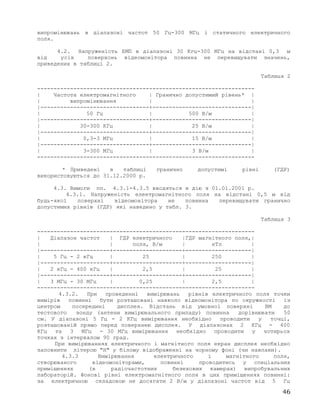 випромінювань в діапазоні частот 50 Гц-300 МГц і статичного електричного
поля.
4.2. Напруженість ЕМП в діапазоні 30 Кгц-300 МГц на відстані 0,3 м
від усіх поверхонь відеомонітора повинна не перевищувати значень,
приведених в таблиці 2.
Таблиця 2
------------------------------------------------------------------
| Частота електромагнітного | Гранично допустимий рівень* |
| випромінювання | |
|---------------------------------+------------------------------|
| 50 Гц | 500 В/м |
|---------------------------------+------------------------------|
| 30-300 КГц | 25 В/м |
|---------------------------------+------------------------------|
| 0,3-3 МГц | 15 В/м |
|---------------------------------+------------------------------|
| 3-300 МГц | 3 В/м |
------------------------------------------------------------------
* Приведені в таблиці гранично допустимі рівні (ГДР)
використовуються до 31.12.2000 р.
4.3. Вимоги пп. 4.3.1-4.3.5 вводяться в дію з 01.01.2001 р.
4.3.1. Напруженість електромагнітного поля на відстані 0,5 м від
будь-якої поверхні відеомонітора не повинна перевищувати гранично
допустимих рівнів (ГДР) які наведено у табл. 3.
Таблиця 3
------------------------------------------------------------------
| Діапазон частот | ГДР електричного |ГДР магнітного поля,|
| | поля, В/м | нТл |
|---------------------+---------------------+--------------------|
| 5 Гц - 2 кГц | 25 | 250 |
|---------------------+---------------------+--------------------|
| 2 кГц - 400 кГц | 2,5 | 25 |
|---------------------+---------------------+--------------------|
| 3 МГц - 30 МГц | 0,25 | 2,5 |
------------------------------------------------------------------
4.3.2. При проведенні вимірювань рівнів електричного поля точки
вимірів повинні бути розташовані навколо відеомонітора по окружності із
центром посередині дисплея. Відстань від умовної поверхні ВМ до
тестового зонду (антени вимірювального приладу) повинна дорівнювати 50
см. У діапазоні 5 Гц - 2 КГц вимірювання необхідно проводити у точці,
розташованій прямо перед поверхнею дисплея. У діапазонах 2 КГц - 400
КГц та 3 МГц - 30 МГц вимірювання необхідно проводити у чотирьох
точках з інтервалом 90 град.
При вимірюваннях електричного і магнітного поля екран дисплея необхідно
заповнити літерою "Н" у білому відображенні на чорному фоні (чи навпаки).
4.3.3 Вимірювання електричного і магнітного поля,
створюваного відеомоніторами, повинні проводитись у спеціальних
приміщеннях (в радіочастотних безехових камерах) випробувальних
лабораторій. Фонові рівні електромагнітного поля в цих приміщеннях повинні:
за електричною складовою не досягати 2 В/м у діапазоні частот від 5 Гц
46
 