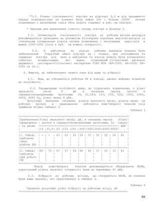 *5.2. Рівень іонізованості повітря на відстані 0,3 м від працюючого
екрану відеомонітора не повинен бути нижче 200 і більше 50000 легких
позитивних і негативних іонів обох знаків (окремо) в куб. см повітря.
* Прилади для визначення іонного складу повітря в Додатку 2.
5.3. Оптимізацію іонізованості повітря на робочих місцях школярів
рекомендується проводити за допомогою біполярних коронних аероіонізаторів із
створенням оптимальних рівнів легких позитивних і негативних аероіонів в
межах 1000-3000 іонів в куб. см кожної полярності.
5.4. В кабінетах та класах учбових закладів повинен бути
забезпечений 3-кратний обмін повітря за 1 годину. Для охолодження та
очищення повітря від пилу в кабінетах та класах можуть бути встановлені
побутові кондиціонери, які мають позитивний гігієнічний висновок
державної санітарно-гігієнічної експертизи ГСЕУ МОЗ (БК-1500, БК-2000, БК-
2500 та ін.).
6. Вимоги, що забезпечують захист учня від шуму та вібрації
6.1. Шум, що створюється роботою ПК в класах, умовно можливо віднести
до постійного.
6.2. Параметрами постійного шуму, що підлягають нормуванню, є рівні
звукового тиску 8 дБ в октавних смугах частот з
середньогеометричними частотами 16, 31,563, 125, 250, 500, 1000, 2000,
4000, 8000 Гц, рівні звуку 8 дБА.
Допустимі значення октавних рівнів звукового тиску, рівнів звуку на
робочих місцях в приміщеннях кабінетів комп'ютерної техніки слід
приймати згідно таблиці 3.
Таблиця 3
-------------------------------------------------------------------
|Призначення|Рівні звукового тиску, дБ, в октавних смугах |Рівні|
|приміщення | частот з середньогеометричними частотами, Гц |звуку|
| та умови |-----------------------------------------------| дБА |
| |16 |31,5| 63 |125 |250 |500|1000|2000|4000|8000| |
|-----------+---+----+----+----+----+---+----+----+----+----+-----|
|1. Учбові | - | - | 63 | 52 | 45 |39 | 35 | 32 | 30 | 28 | 40 |
|кабінети | | | | | | | | | | | |
|(без | | | | | | | | | | | |
|роботи ПК) | | | | | | | | | | | |
|-----------+---+----+----+----+----+---+----+----+----+----+-----|
|2. Учбові |85 | 75 | 67 | 57 | 49 |44 | 40 | 37 | 35 | 33 | 45 |
|кабінети | | | | | | | | | | | |
|при роботі | | | | | | | | | | | |
|ПК | | | | | | | | | | | |
-------------------------------------------------------------------
Класи комп'ютерної техніки рекомендується обладнувати ПЕОМ,
корегований рівень звукової потужності яких не перевищує 45 дБА.
6.3. Вібрація на робочих місцях, що створюється ПЕОМ, не повинна
бути вище значень, які представлені в таблиці 4.
Таблиця 4
Гранично допустимі рівні вібрації на робочому місці, дБ
------------------------------------------------------------------
48
 