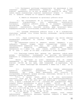 7.11. Конструкція настільних відеомоніторів (не вмонтованих в іншу
апаратуру) повинна забезпечувати можливість повороту їх корпусу
відносно вертикальної осі на кут, не менший +30 градусів та зміну кута
нахилу екрана відеомонітора відносної вертикальної площини в інтервалі
від -5 градусів (вперед) до +15 градусів (назад), не менше.
8. Вимоги до обладнання та організації робочого місця
8.1. При конструюванні ПК га організації робочого місця учня,
обладнаного відеомонітором, слід забезпечити відповідність
конструкції елементів робочого місця та їх взаємного розташування
ергономічним вимогам з урахуванням характеру виконуваної
діяльності комплексності технічних засобів, форм організації праці,
морфофункціональних та росто-вікових особливостей дітей та підлітків.
8.2. Основним обладнанням робочого місця з ПК є відеомонітор,
клавіатура, робочий стіл, стілець (крісло), допоміжним - пюпітр,підставка
для ніг та ін.
8.3. Екран відеомонітора ПК в залежності від висоти символів
рекомендовано розміщувати на відстані 400-800 мм від очей
користувача.
Для забезпечення точного та швидкого читання інформації в зоні
найкращого бачення площина екрану відеомонітору повинна бути
перпендикулярною нормальній лінії зору. При цьому повинна бути
передбачена можливість переміщення відеомонітору навколо
вертикальної осі в межах +-30 град. (справа наліво) та нахилу вперед
до 85 град. і назад до 105 град. з фіксацією в цьому положенні.
8.4. Клавіатура повинна бути зручною для виконання роботи двома
руками, конструктивно відокремлена від монітору для забезпечення
можливості її оптимального розташування та прийняття раціональної робочої
пози.
Висота клавіатури на рівні середнього ряду не повинна
перевищувати 30 мм. Клавіатуру слід розташовувати на поверхні столу на
відстані 100-300 мм від краю, який повернутий до користувача. Кут
нахилу до панелі клавіатури має знаходитись в межах від 5 град. до 15
град.
8.5. Конструкція робочого столу повинна забезпечувати
можливість оптимального розташування на робочій поверхні
обладнання, при цьому треба враховувати його кількість та
конструктивні особливості (розмір монітору, клавіатури, пюпітру та ін.) та
характеру роботи, що виконується.
8.5.1. В процесі занять учнів з ПК слід застосовувати
спеціальні столи для ПК, які складаються з двох горизонтальнихповерхонь:
одна розмірами 700 х 800 (600) мм - для клавіатури і посібників (тобто
стіл), а друга - розмірами 800 х 350 – підставка для відеомонітора. Обидві
поверхні повинні регулюватись по висоті в межах 460-760 мм. При
відсутності спеціальних меблів допускається застосовувати типові
учнівські столи, які призначені для шести ростових груп: N 1 - 1000-1150
мм, N 2 - 1151-1300 мм, N 3 - 1301-1450 мм, N 4 - 1451-1600 мм, N 5
- 1601-1750 мм, N 6 - більше 750 мм з висотою столешниць відповідно
460 мм, 520 мм, 580 мм, 640 мм, 700 мм, 760 мм.
8.5.2. Ширина і глибина робочої поверхні столу повинна
забезпечувати можливість виконання трудових операцій в межах зони
досяжності моторного поля.
52
 
