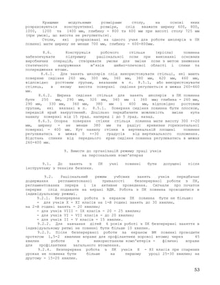 Кращими модульними розмірами столу, на основі яких
розраховуються конструктивні розміри, слід вважати ширину 600, 800,
1000, 1200 та 1400 мм, глибину - 800 та 600 мм при висоті столу 725 мм
(при умові, що висота не регулюється).
Столи, які розраховані на одного учня для роботи школярів з ПК
повинні мати ширину не менше 700 мм, глибину - 600-800мм.
8.6. Конструкція робочого стільця (крісла) повинна
забезпечувати підтримку раціональної пози при виконанні основних
виробничих операцій, створювати умови для зміни пози з метою зниження
статичного напруження м'язів шийно-плечової області і спини та
попередження втоми.
8.6.1. Для занять школярів слід використовувати стільці, які мають
поверхню сидіння 260 мм, 300 мм, 340 мм, 380 мм, 420 мм, 460 мм,
відповідно ростовим групам, вказаним в п. 8.5.1, або використовувати
стілець, в якому висота поверхні сидіння регулюється в межах 260-460
мм.
8.6.2. Ширина сидіння стільця для занять школярів з ПК повинна
бути 250 мм, 290 мм, 320 мм, 340 мм і 360 мм; глибина - 260 мм,
290 мм, 330 мм, 360 мм, 380 мм і 400 мм, відповідно ростовим
групам, які вказані в п. 8.5.1. Поверхня сидіння повинна бути плоскою,
передній край закруглений. Доцільно передбачити можливість зміни кута
нахилу поверхні від 15 град. наперед і до 5 град. назад.
8.6.3. Опорна поверхня стінки стільця повинна мати висоту 300 +-20
мм, ширину - не менше 380 мм та радіус кривизни горизонтальної
поверхні - 400 мм. Кут нахилу стінки в вертикальній площині повинен
регулюватись в межах 0 +-30 градусів від вертикального положення.
Відстань спинки від переднього краю сидіння повинна регулюватись в межах
260-400 мм.
9. Вимоги до організацій режиму праці учнів
на персональних комп'ютерах
9.1. До занять з ПК учні повинні бути допущені після
інструктажу з техніки безпеки.
9.2. Раціональний режим учбових занять учнів передбачає
додержання регламентованої тривалості безперервної роботи з ПК,
регламентованих перерв і їх активне проведення. Сигнали про початок
перерви слід подавати на екрані ВДМ. Робота з ПК повинна проводитися в
індивідуальному режимі.
9.2.1. Безперервна робота з екраном ПК повинна бути не більше:
- для учнів X - XI класів на 1-й годині занять до 30 хвилин,
на 2-й годині занять - 20 хвилин;
- для учнів VIII - IX класів - 20 - 25 хвилин;
- для учнів VI - VII класів - до 20 хвилин;
- для учнів II - V класів - 15 хвилин.
9.2.2. Для навчання дітей 6 років роботі з ПК безперервні заняття в
індивідуальному ритмі не повинні бути більше 10 хвилин.
9.2.3. Після безперервної роботи за екраном ВМ повинні проводити
протягом 1,5-2 хвилини вправи для профілактики зорової втоми; через 45
хвилин роботи з використанням комп'ютерів - фізичні вправи
для профілактики загального втомлення.
9.2.4. Безперервна робота з ПК учнів X - XI класів при спарених
уроках не повинна бути більше на першому уроці 25-30 хвилин; на
другому - 15-20 хвилин.
53
 