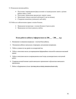 /І. Позакласна виховна робота.
• Підготовка і впровадження факультативів та індивідуальних занять з різним
рівнем знань у дітей;
• Підготовка і проведення предметних тижнів і декад;
• Організація і випуск шкільної публікації (1 раз на місяць);
• Створення оновлення учнівського веб-сайту.
/ІІ. Робота по забезпеченню правил техніки безпеки.
• Проведення інструктажу з техніки безпеки (2 рази на рік);
• Проведення поточного ремонту меблів.
План роботи кабінету інформатики на 200___ - 200___ н.р.
1. Поповнення та зміцнення матеріально - технічної бази кабінету.
2. Поповнення кабінету навчальною літературою, методичними матеріалами.
3. Робота з учнями під час уроків та в позаурочний час.
4. Робота з вчителями школи для впровадження інформаційних технологій в навчально-виховний
процес.
5. Робота з вчителями школи по впровадженню комп’ютера для використання в методичній
роботі.
6. Створення колекції компакт-дисків навчального призначення та фільмотеки навчального
призначення.
7. Робота з обдарованими дітьми:підготовкаучнівдоолімпіад,оновленняшкільногосайту.
81
 