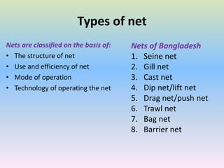 Types of net
Nets are classified on the basis of:
• The structure of net
• Use and efficiency of net
• Mode of operation
• Technology of operating the net
Nets of Bangladesh
1. Seine net
2. Gill net
3. Cast net
4. Dip net/lift net
5. Drag net/push net
6. Trawl net
7. Bag net
8. Barrier net
 