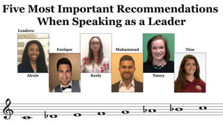 Five Most Important Recommendations
When Speaking as a Leader
Alexis
Enrique
Keely
Muhammad
Nancy
Tina
Leaders:
 