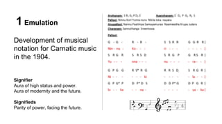 1 Emulation
Development of musical
notation for Carnatic music
in the 1904.
Signifier
Aura of high status and power.
Aura of modernity and the future.
Signifieds
Parity of power, facing the future.
 