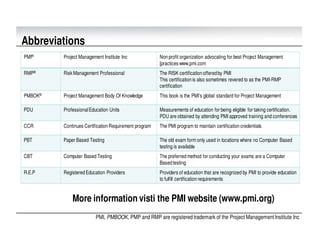 PMI, PMBOOK, PMP and RMP are registered trademark of the Project ManagementInstitute Inc
Abbreviations
More information visti the PMI website (www.pmi.org)
PMI® Project Management Institute Inc Non profit organization advocating for best Project Management
[practices www.pmi.com
RMP® Risk Management Professional The RISK certification offeredby PMI
This certification is also sometimes revered to as the PMI-RMP
certification
PMBOK® Project Management Body Of Knowledge This book is the PMI’s global standard for Project Management
PDU ProfessionalEducation Units Measurements of education for being eligible for taking certification.
PDU are obtained by attending PMI approved training and conferences
CCR Continues Certification Requirement program The PMI program to maintain certification credentials
PBT Paper Based Testing The old exam form only used in locations where no Computer Based
testing is available
CBT Computer Based Testing The preferred method for conducting your exams are a Computer
Based testing
R.E.P Registered Education Providers Providers of education that are recognized by PMI to provide education
to fulfill certification requirements
 