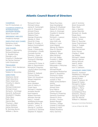 CHAIRMAN
*Jon M. Huntsman, Jr.
CHAIRMAN EMERITUS,
INTERNATIONAL
ADVISORY BOARD
Brent Scowcroft
PRESIDENT AND CEO
*Frederick Kempe
EXECUTIVE VICE CHAIRS
*Adrienne Arsht
*Stephen J. Hadley
VICE CHAIRS
*Robert J. Abernethy
*Richard Edelman
*C. Boyden Gray
*George Lund
*Virginia A. Mulberger
*W. DeVier Pierson
*John Studzinski
TREASURER
*Brian C. McK. Henderson
SECRETARY
*Walter B. Slocombe
DIRECTORS
Stéphane Abrial
Odeh Aburdene
Peter Ackerman
Timothy D. Adams
John Allen
Michael Andersson
Michael Ansari
Richard L. Armitage
David D. Aufhauser
Elizabeth F. Bagley
Peter Bass
*Rafic Bizri
Dennis Blair
*Thomas L. Blair
Myron Brilliant
Esther Brimmer
*R. Nicholas Burns
William J. Burns
*Richard R. Burt
Michael Calvey
James E. Cartwright
John E. Chapoton
Ahmed Charai
Sandra Charles
Melanie Chen
George Chopivsky
Wesley K. Clark
David W. Craig
*Ralph D. Crosby, Jr.
Nelson Cunningham
Ivo H. Daalder
*Paula J. Dobriansky
Christopher J. Dodd
Conrado Dornier
Thomas J. Egan, Jr.
*Stuart E. Eizenstat
Thomas R. Eldridge
Julie Finley
Lawrence P. Fisher, II
Alan H. Fleischmann
*Ronald M. Freeman
Laurie Fulton Courtney
Geduldig
*Robert S. Gelbard
Thomas Glocer
*Sherri W. Goodman
Mikael Hagström
Ian Hague
Amir Handjani
John D. Harris, II
Frank Haun
Michael V. Hayden
Annette Heuser
*Karl Hopkins
Robert Hormats
Miroslav Hornak
*Mary L. Howell
Wolfgang Ischinger
Reuben Jeffery, III
*James L. Jones, Jr.
George A. Joulwan
Lawrence S. Kanarek
Stephen R. Kappes
Maria Pica Karp
Sean Kevelighan
Zalmay M. Khalilzad
Robert M. Kimmitt
Henry A. Kissinger
Franklin D. Kramer
Philip Lader
*Richard L. Lawson
*Jan M. Lodal
Jane Holl Lute
William J. Lynn
Izzat Majeed
Wendy W. Makins
Mian M. Mansha
Gerardo Mato
William E. Mayer
Allan McArtor
Eric D.K. Melby
Franklin C. Miller
James N. Miller
*Judith A. Miller
*Alexander V. Mirtchev
Karl Moor
Michael Morell
Georgette Mosbacher
Steve C. Nicandros
Thomas R. Nides
Franco Nuschese
Joseph S. Nye
Hilda Ochoa-Brillem-
bourg
Sean O’Keefe
Ahmet Oren
*Ana Palacio
Carlos Pascual
Thomas R. Pickering
Daniel B. Poneman
Daniel M. Price
Arnold L. Punaro
Robert Rangel
Thomas J. Ridge
Charles O. Rossotti
Stanley O. Roth
Robert Rowland
Harry Sachinis
John P. Schmitz
Brent Scowcroft
Rajiv Shah
Alan J. Spence
James Stavridis
Richard J.A. Steele
*Paula Stern
Robert J. Stevens
John S. Tanner
*Ellen O. Tauscher
Karen Tramontano
Clyde C. Tuggle
Paul Twomey
Melanne Verveer
Enzo Viscusi
Charles F. Wald
Jay Walker
Michael F. Walsh
Mark R. Warner
Maciej Witucki
Neal S. Wolin
Mary C. Yates
Dov S. Zakheim
HONORARY DIRECTORS
David C. Acheson
Madeleine K. Albright
James A. Baker, III
Harold Brown
Frank C. Carlucci, III
Robert M. Gates
Michael G. Mullen
Leon E. Panetta
William J. Perry
Colin L. Powell
Condoleezza Rice
Edward L. Rowny
George P. Shultz
John W. Warner
William H. Webster
*Executive Committee Members
List as of March 28, 2016
Atlantic Council Board of Directors
 