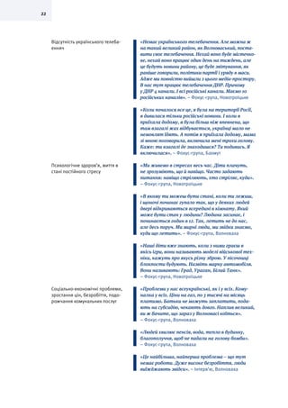 22
Відсутність українського телеба-
енняч
«Немає українського телебачення. Але можна ж
на такий великий район, як Волноваський, поста-
вити своє телебачення. Нехай воно буде містечко-
ве, нехай воно працює один день на тиждень, але
це будуть новини району, це буде звітування, як
раніше говорили, політики партії і уряду в маси.
Адже ми повністю вийшли з цього медіа-простору.
В нас тут працює телебачення ДНР. Причому
у ДНР 4 канали. І всі російські канали. Маємо 10
російських каналів». – Фокус-група, Новотроїцьке
«Коли почалося все це, я була на території Росії,
я дивилася тільки російські новини. І коли я
приїхала додому, я була більш ніж впевнена, що
там взагалі жах відбувається, українці мало не
немовлят їдять. А потім я приїхала додому, мама
зі мною поговорила, включила мені трохи голову.
Каже: ти взагалі де знаходишся? Ти подивись. Я
включилася». – Фокус-група, Бахмут
Психологічне здоров’я, життя в
стані постійного стресу
«Ми живемо в стресах весь час. Діти плачуть,
не зрозуміють, що й навіщо. Часто задають
питання: навіщо стріляють, хто стріляє, куди».
– Фокус-група, Новотроїцьке
«В якому ти можеш бути стані, коли ти лежиш,
і щоночі починає гупало так, що у деяких людей
двері відкриваються всередині в кімнату. Який
може бути стан у людини? Людина засинає, і
починається годин в 12. Так, летить не до нас,
але десь поруч. Ми мирні люди, ми звідки знаємо,
куди що летить». – Фокус-група, Волноваха
«Наші діти вже знають, коли з ними граєш в
якісь ігри, вони називають моделі військової тех-
ніки, кажуть про якусь різну зброю. У пісочниці
блокпости будують. Назвіть марку автомобіля.
Вони називають: Град, Ураган, Білий Танк».
– Фокус-група, Новотроїцьке
Соціально-економічні проблеми,
зростання цін, безробіття, подо-
рожчання комунальних послуг
«Проблеми у нас всеукраїнські, як і у всіх. Кому-
налка у всіх. Ціни на газ, по 3 тисячі на місяць
платимо. Батьки не можуть заплатити, пода-
ють на субсидію, чекають довго. Наплив великий,
ви ж бачите, що зараз у Волновасі коїться».
– Фокус-група, Волноваха
«Людей хвилює пенсія, вода, тепло в будинку,
благополуччя, щоб не падали на голову бомби».
– Фокус-група, Волноваха
«Це найбільша, найперша проблема – що тут
немає роботи. Дуже високе безробіття, люди
виїжджають звідси». – Інтерв’ю, Волноваха
 
