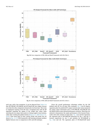 each case, with a few exceptions. It can be observed from Tables 4–6
that WT_FNN_BP, WT_ELM_BP and WT_NewCF_BP have higher forecast
error than the other comparative frameworks in all test days. This is due
to inadequate training of the NN and a recognised issue with the BP
algorithm regarding the update of the weight bias values while
searching the error space that results in it being caught in local minima,
rather than reaching the global minima (Wang et al., 2004; Raza et al.,
2016). Time series plots of clear, partial cloudy and cloudy day are
show in Figs. 13–15. FNN framework is BP learning technique produce
highest forecast error in comparison to SCG and LM technique.
Given the overall performance advantage evident for the LM
method with WT for all three NNs evaluated, Fig. 16(a)–(f) depicts
regression plots for predicted PV output (vertical axis) versus measured
PV output values (horizontal axis) of WT_FNN_LM, WT_ELM_LM and
WT_NewCF_LM for some selected performance scenarios. These days are
selected to demonstrate the output performance of the forecast frame-
works with wide variation of input data. Fig. 16(a) and (b) represents
the regression plot of WT_FNN_LM framework for day 1 and day 3
forecast respectively for site 1; and similarly for WT_ELM_LM in
Fig. 16(c) and (d). The regression plots of WT_NewCF_LM based
Fig. 20. Error comparison of FFN, ELM and NewCF framework with LM of Site 2.
Fig. 21. Error comparison of FFN, ELM and NewCF framework with SCG of Site 2.
M.Q. Raza et al. Solar Energy 166 (2018) 226–241
239
 