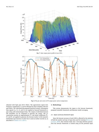 obtained with high pass (H.P.) ﬁlters. The approximate signal (low
frequency components) A3 can be obtained by down sampling with low
pass ﬁlters. The individual-decomposed historical energy consumption
data signals (A3, D1, D2 and D3) are applied as forecast framework in-
puts along with meteorological data. The output of individual forecast
NN ensembles can be composed to generate the output. The re-
construction process on approximation A3 and detail coeﬃcients D1 ,
D2 and D3 are applied to generate the forecast results. In this research,
Daubechies type function of order four is used as mother wavelet as, as
described in Catalao et al. (2011).
3. Methodology
This section demonstrates the inputs to the forecast framework,
proposed ensemble framework and Bayesian model averaging.
3.1. Inputs of forecast framework inputs
Since the forecast accuracy of each ANN is aﬀected by the selection
of both the number and type of input data used for training (Sfetsos and
Coonick, 2000), this research study uses a two-step selection process.
First the forecast framework is trained using all the potential input
Fig. 7. Solar output power proﬁle of year 2014.
Fig. 8. The per unit curves of PV output power and air temperature.
M.Q. Raza et al. Solar Energy 166 (2018) 226–241
231
 
