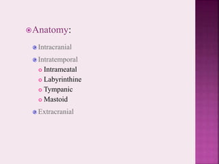 Anatomy:
Intracranial
Intratemporal
 Intrameatal
 Labyrinthine
 Tympanic
 Mastoid
Extracranial
 