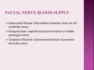  Intracranial/Meatal: labyrinthine branches from ant inf
cerebellar artery
 Perigeniculate: superficial petrosal branch of middle
meningeal artery
 Tympanic/Mastoid: stylomastoid branch of posterior
auricular artery
 