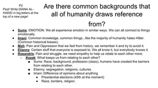 Are there common backgrounds that
all of humanity draws reference
from?
● Sums: EMOTION. We all experience emotion in similar ways. We can all connect to things
emotionally.
● Imani: Common knowledge, common things...like the majority of humanity hates Hitler.
(Common historical biases).
● Moh: Pain and Oppression that we feel from history, we remember it and try to avoid it.
● Elianny: Certain stuff that everyone is exposed to. We all know it, but everybody knows it.
● Rosandris: Pain and struggle, we need empathy to help us relate to each other more.
○ Kozak: What keeps us from relating to each other?
■ Sums: Race, background, profession (class), humans have created the barriers
from relating to each other.
■ Elianny: segregation, religions, cultures.
■ Imani: Difference of opinions about anything
● Presidential elections (45th at the moment)
● Race, borders, religion.
P2
Psst! Write DIANA AL-
HADID in big letters at the
top of a new page!
 