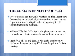 THREE MAIN BENEFITS OF SCM
 By optimizing product, information and financial flow,
Companies can proactively create and seize new market
opportunities and mitigate risks that can negatively
impact their entire business.
 With an Effective SCM system in place, enterprises can
comprehensively & continually assess their processes,
 Identify & Fill all the gaps, lower costs, competently
evolve with ever-evolving SC, & enable quicker decision
making.
 