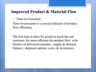 Improved Product & Material Flow
• Time-to-Consumer
Time-to-consumer is a crucial indicator of product
flow efficiency
The less time it takes for goods to reach the end
customer, the more efficient the product flow with
Quality of delivered customer , supply & demand
balance , shipment options costs, & inventories.
 