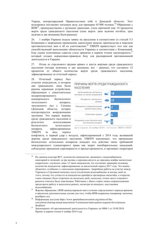 8
Торецк, контролируемый Правительством (оба в Донецкой области). Этот
водопровод поставляет питьевую воду для примерно 45 000 человек.24
Обращение с
ВПВ25
, преимущественно с ручными гранатами, стало причиной еще 14 процентов
жертв среди гражданского населения (семь жертв: двое мужчин погибли, трое
мужчин и две женщины были ранены).
26. 1 ноября Украина подала заявку на продление в соответствии со статьей 5.3
Конвенции о запрещении применения, накопления запасов, производства и передачи
противопехотных мин и об их уничтожении.26
УВКПЧ приветствует этот шаг как
способствующий выполнению обязательств Украины в соответствии с Конвенцией.
Еще одним позитивным сдвигом стало принятие в первом чтении законопроекта,27
который создает нормативно-правовую базу для расширенной противоминной
деятельности в Украине.
27. Огонь из стрелкового оружия привел к шести жертвам среди гражданского
населения (четыре мужчины и две женщины, все – ранены), что составило 12
процентов от общего количества жертв среди гражданского населения,
зафиксированных за отчетный период.
28. Отчетный период был
отмечен инцидентом, в котором
два гражданских лица были
ранены взрывным устройством,
сброшенным с самостоятельно
модернизированного
коммерческого беспилотного
летательного аппарата,
запущенного над с. Саханка
(Донецкая область), которое
контролируется вооруженными
группами. Это первые жертвы
среди гражданского населения в
результате использования
беспилотного летательного
аппарата, зафиксированные
УВКПЧ за весь период
конфликта, и первый удар с воздуха, зафиксированный с 2014 года, вызвавший
жертвы среди гражданского населения. УВКПЧ напоминает, что применение
беспилотных летательных аппаратов попадает под действие таких требований
международного гуманитарного права как запрет неизбирательных нападений,
соблюдение принципов соразмерности и предосторожности, и призывает операторов
24
По данным кластера ВСГ, количество инцидентов, связанных с водоснабжением,
санитарией и гигиеной, за три месяца с середины августа до середины ноября значительно
сократилось: случилось лишь 12 таких инцидентов, что составляет примерно половину
количества инцидентов, зафиксированных за аналогичный период 2017 года. Это можно
объяснить «хлебным» и «школьным перемириями». Аварийные работы на участке между
Торецком и Горловкой начались после отключения водоснабжения за восемь дней до
этого, потому что утечка из-за инцидентов приобрела чрезмерные масштабы, а открытие
«окна тишины» было отсрочено на несколько дней, поскольку точное место планового
ремонта отметить было невозможно. Работники с обеих сторон линии соприкосновения
продолжили работу и выполнили ремонт, несмотря на инцидент, восстановив
водоснабжение.
25
Жертвы обращения с ВПВ манипулировали ими в течение определенного периода времени
и прилагали дополнительные усилия для того, чтобы ВПВ взорвались (например, пытались
разобрать их).
26
Информация доступна https://www.apminebanconvention.org/status-of-the-
convention/clearing-mined-areas/article-5-extensions/states-parties-requests-for-extension-
deadlines/
27
Законопроект «О противоминной деятельности в Украине» no 9080-1 от 19.09.2018.
Принят в первом чтении 6 ноября 2018 года.
 